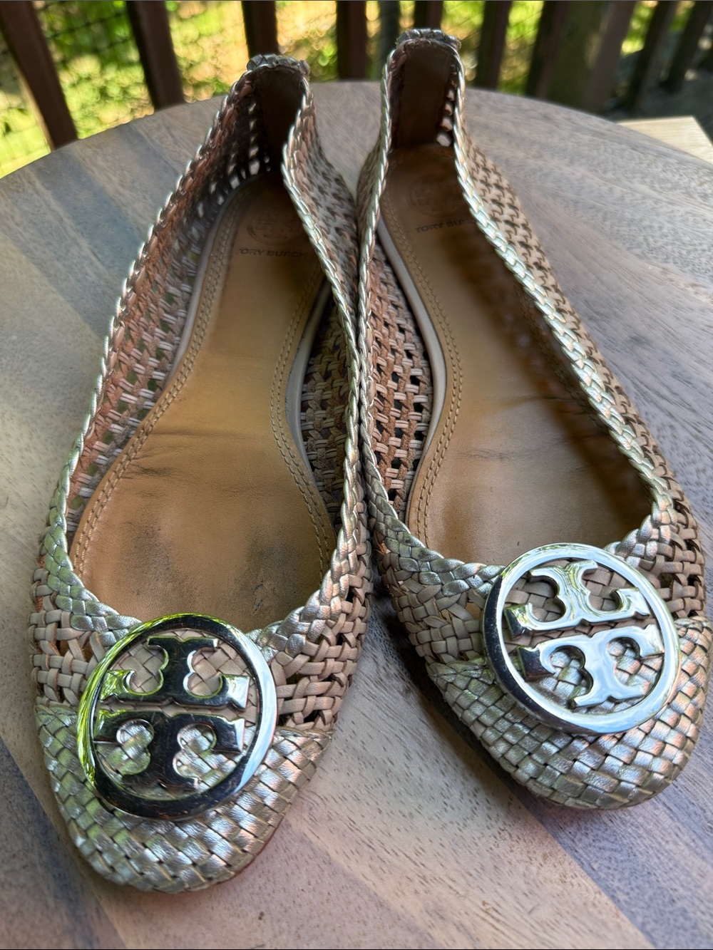 Tory Burch Woven Metallic Ballet Flats in Taupe and Gold-Tone